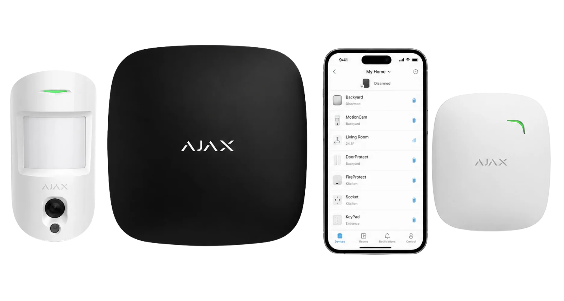 Ajax motion detector with camera, hub, phone app and keypad.