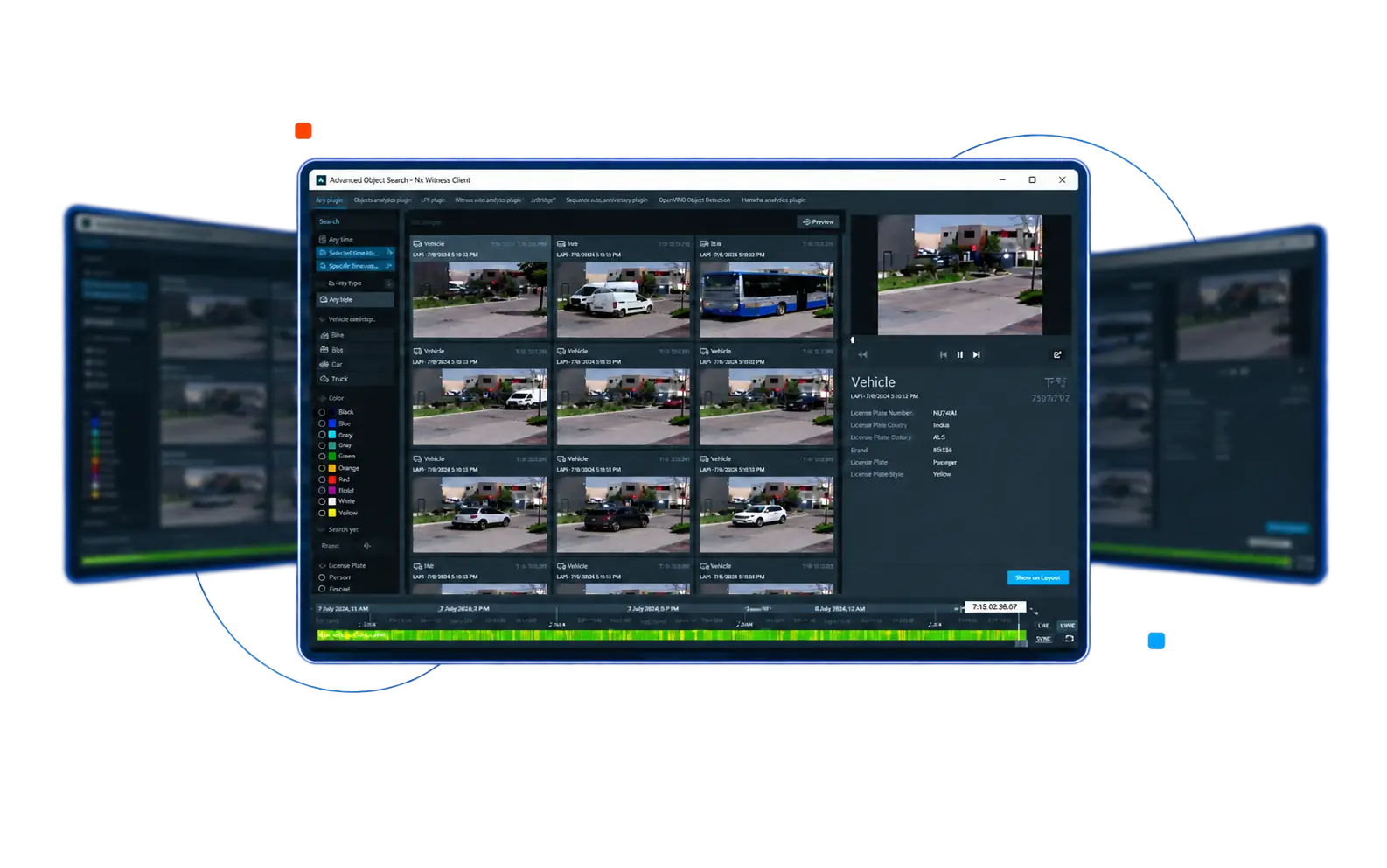 NX Witness client showing a vehicle search across site cameras.