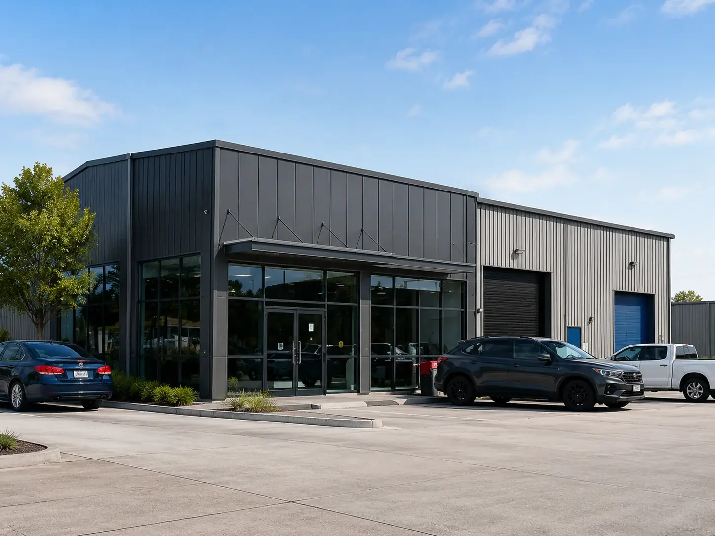 A commercial building with a glass entrance and a car park.