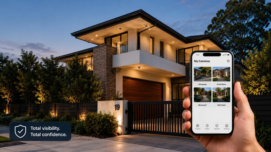 Modern Sydney home with integrated CCTV cameras at dusk