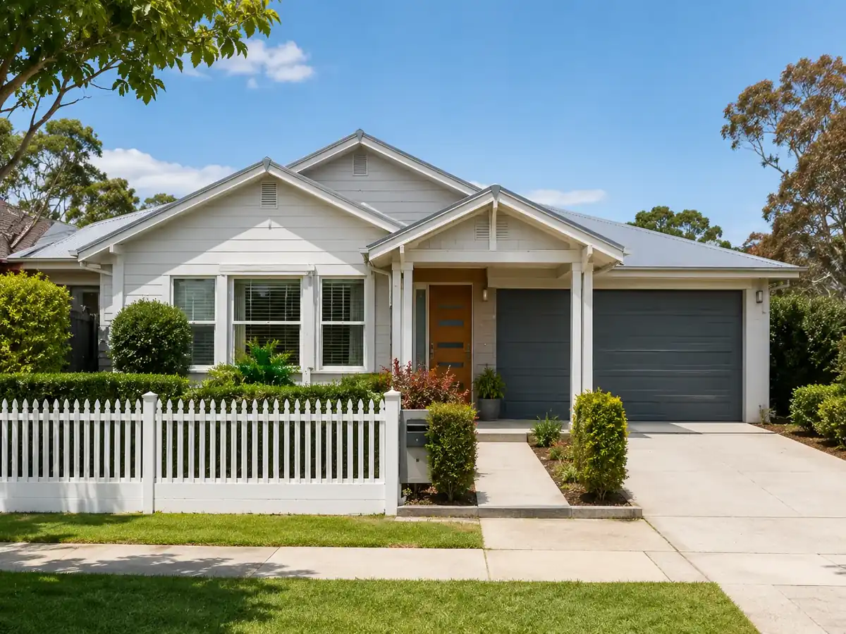 A suburban family home with a garage and a white picket fence.