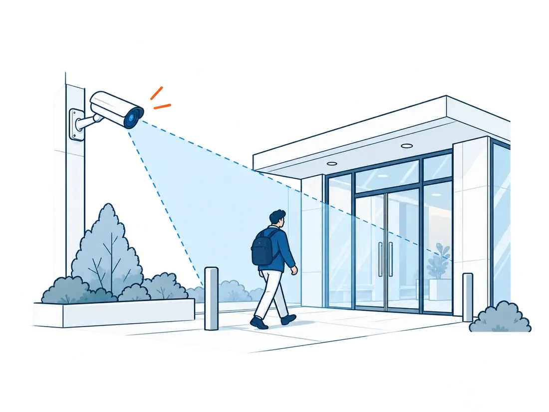A security camera mounted on a wall covers the entrance of a building as a person walks toward the door.