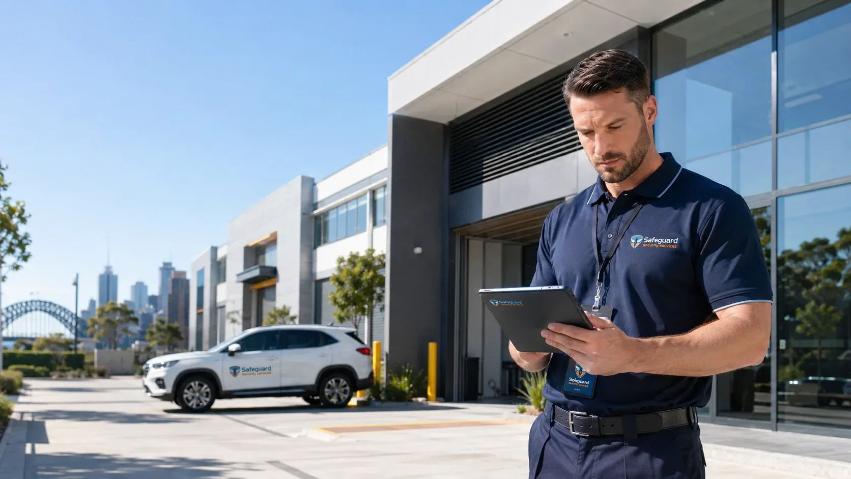Male security professional reviewing multi-site CCTV on a tablet at a Sydney commercial site