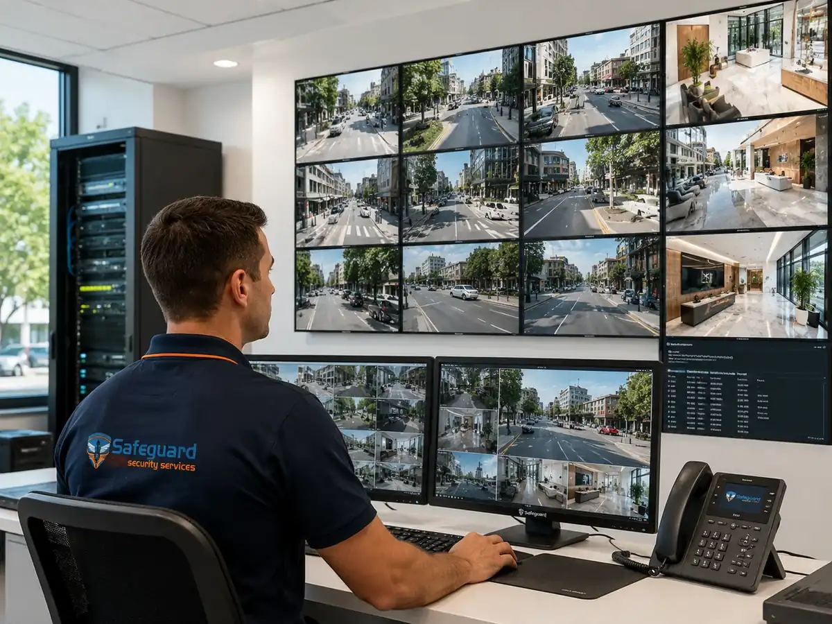 A Safeguard technician at a monitoring desk with a wall of camera feeds.