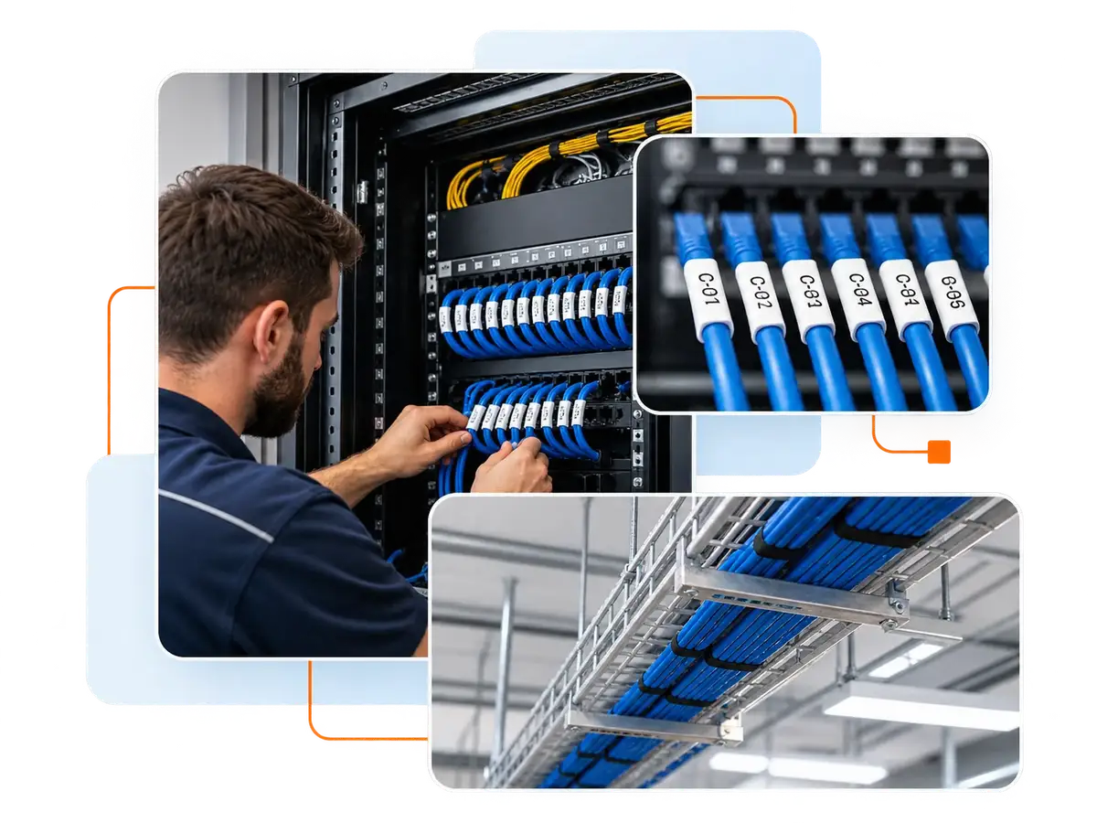 A technician labelling patch cables in a network cabinet, with a close-up of numbered cable labels and a tidy overhead cable tray.